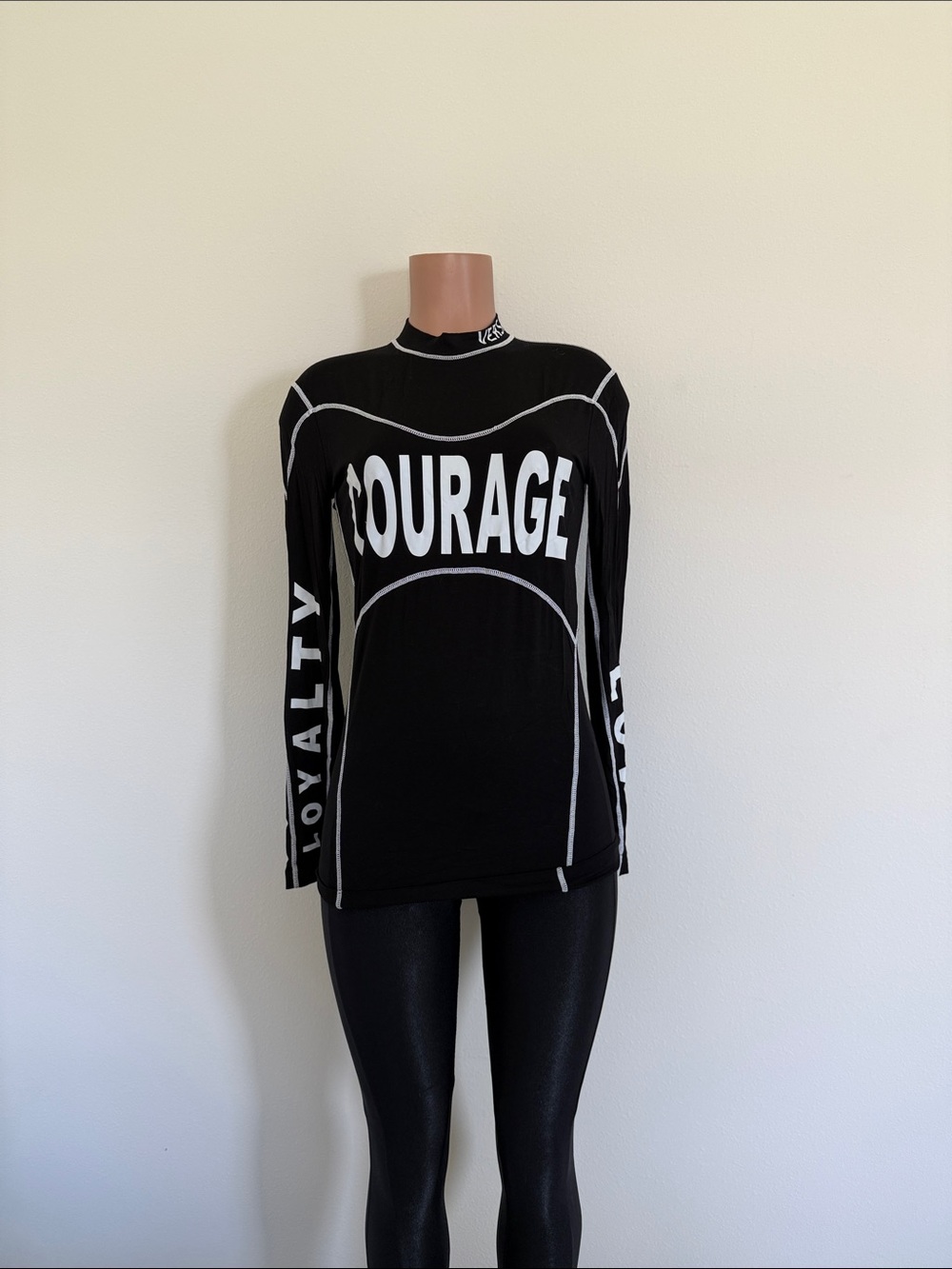 Versace Black Long Sleeve 'COURAGE' Graphic Top with White Trim